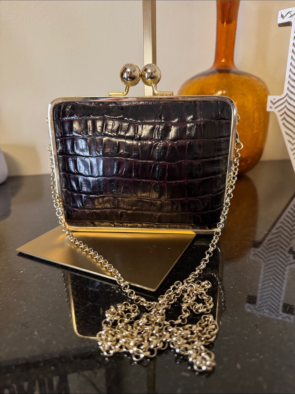 Brahmin Espresso Croc-Embossed Kiss-lock Box Clutch with Gold Chain